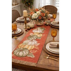 Cynthia Rowley Table Runner Beaded Pumpkins Fringe Neutrals 72x15.5